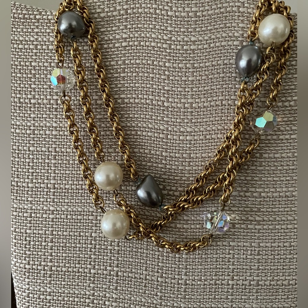 Goldtone chain with crystals and faux cream and grey pearls